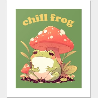 Cute Cottagecore Aesthetic Chill Frog with Mushroom Posters and Art